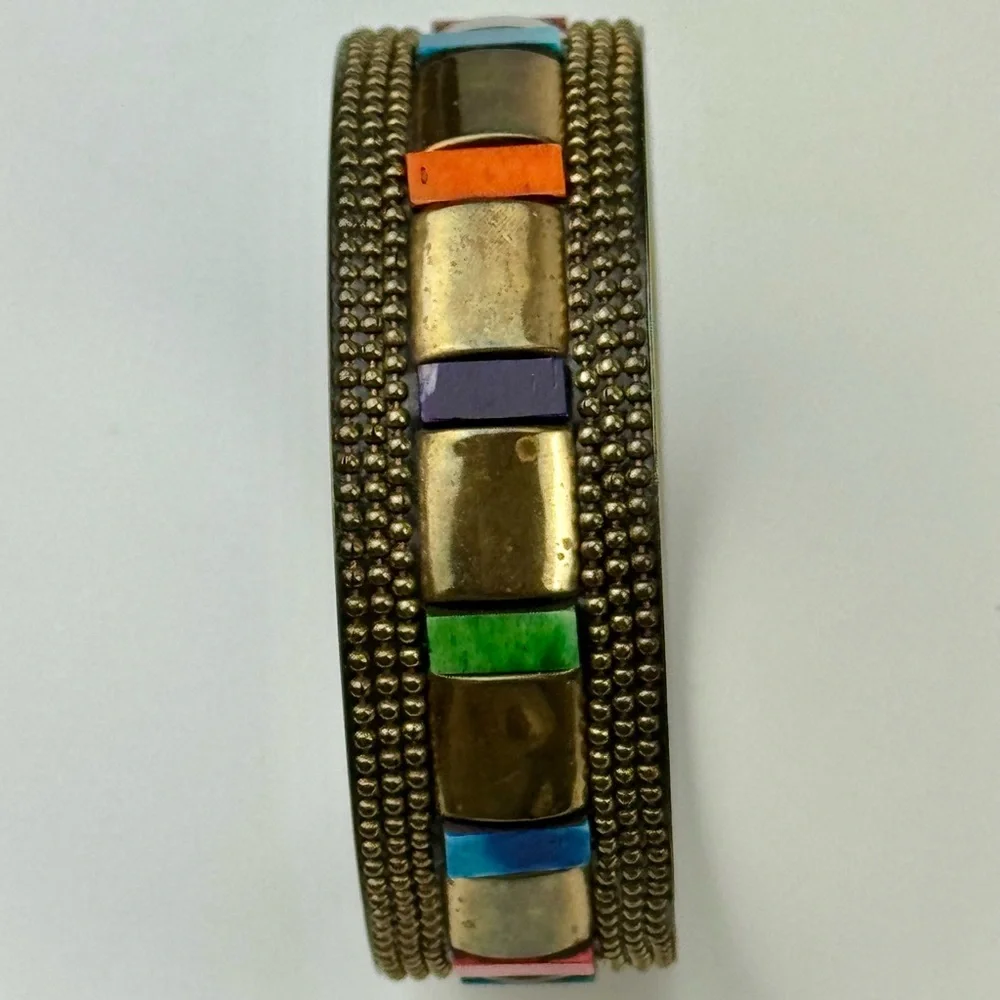 Unique Vintage 80s‎ - Early 90s Brass Colorful Beaded Thick Bangle Bracelet